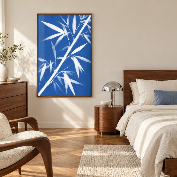 Bamboo Cyanotype Print styled in a bedroom (frame not included)