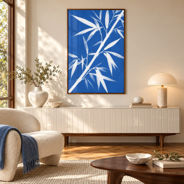 Bamboo Cyanotype Print styled in a hallway (frame not included)