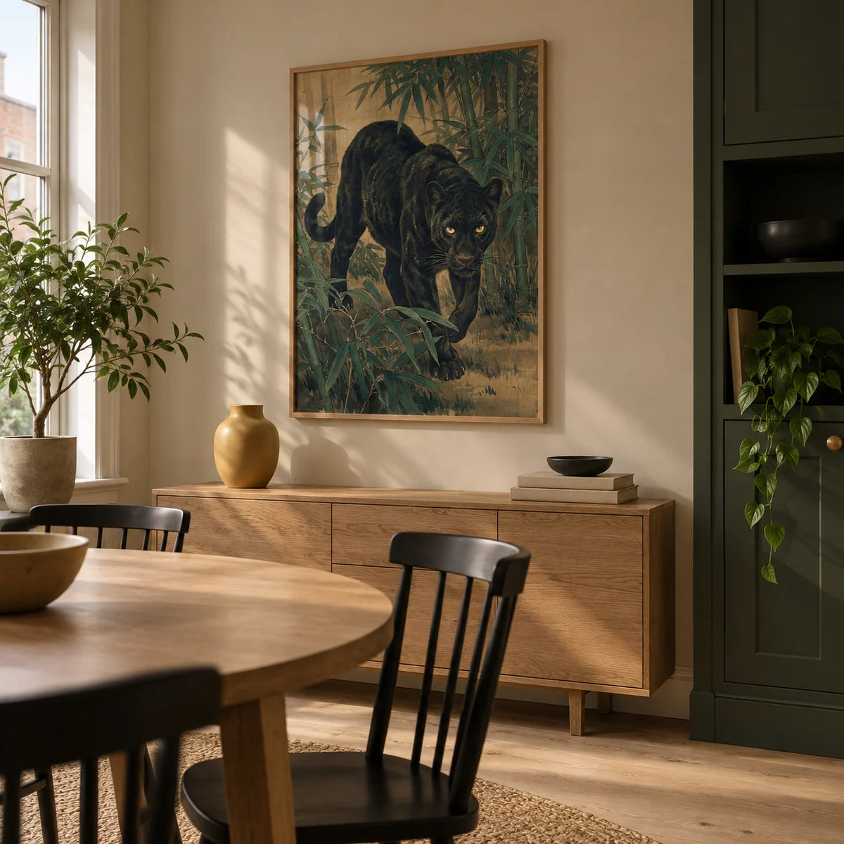 Bamboo Jungle Print, framed on the wall of a compact dining room in a renovated UK terrace with a warm beige wall