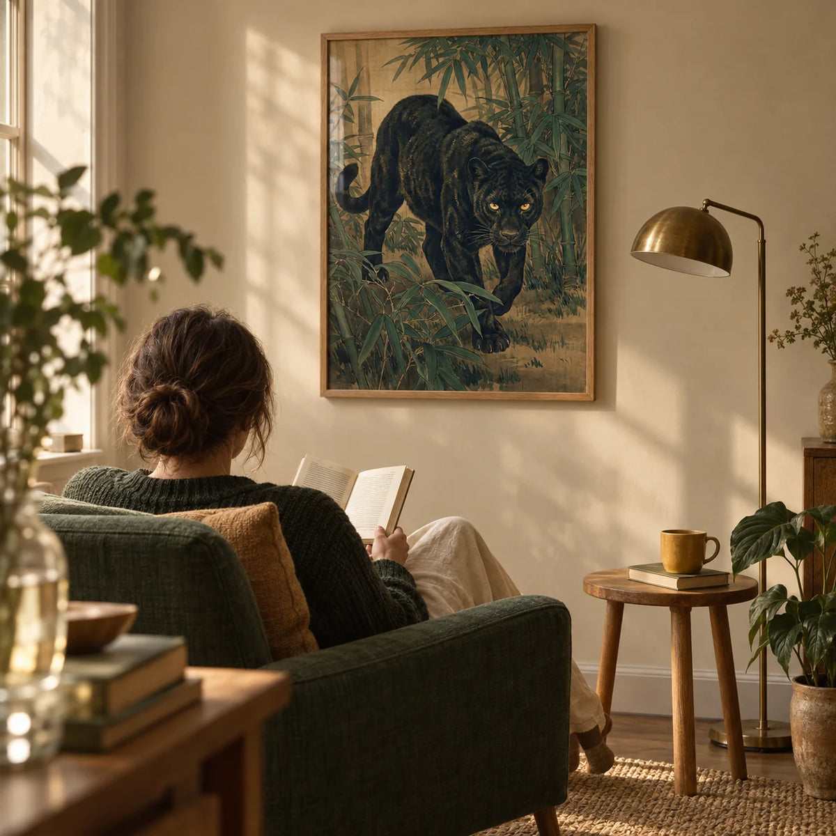 Bamboo Jungle Print, framed on the wall of a quiet reading corner in a mature botanical-art lover's UK flat with a warm beige wall and an oak floor in a living room
