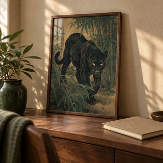 Bamboo Jungle Print, a small A4 framed print leaning on a walnut writing desk