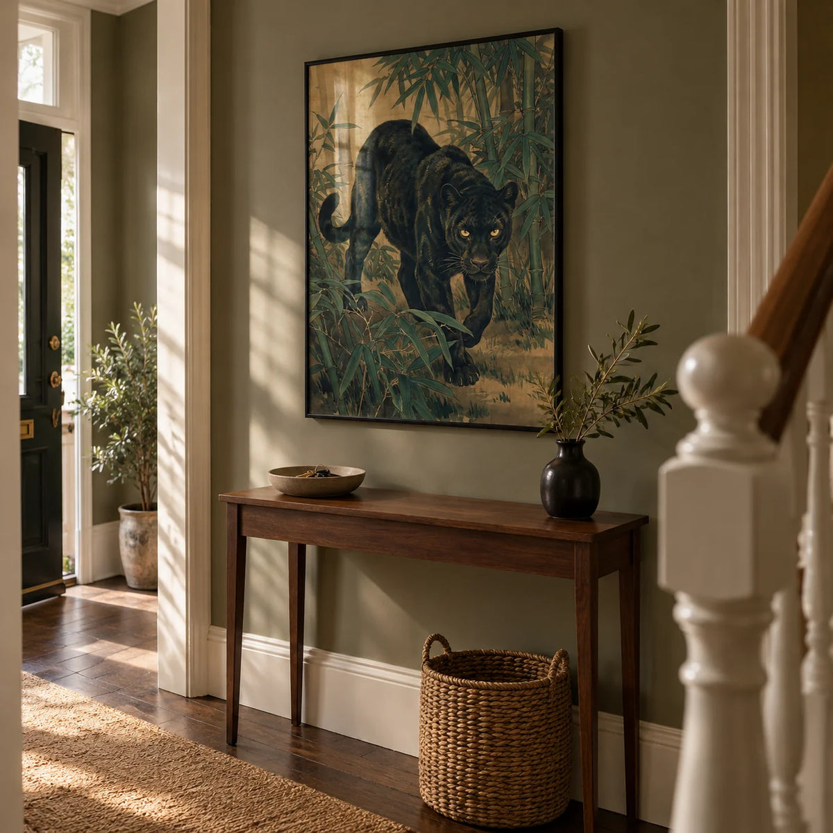 Bamboo Jungle Print, framed on the wall of a welcoming hallway in a British terraced house with muted olive painted walls and original dark wood floorboards