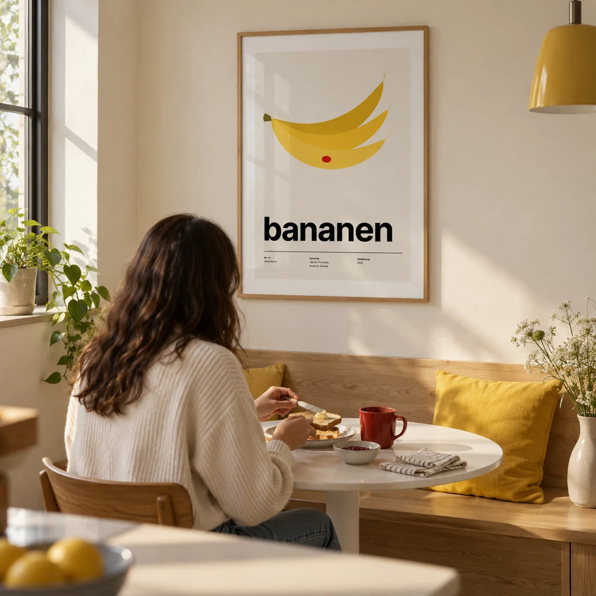 Bananas Wall Art, framed on the wall of a compact breakfast corner in a first flat for a couple aged 22-28 in a kitchen