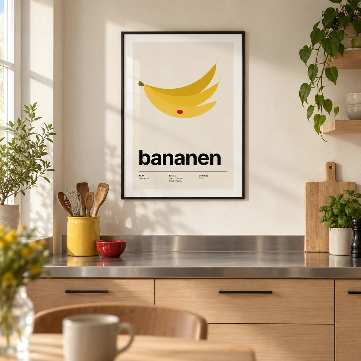 Bananas Wall Art, framed on the wall of a crisp modern kitchen in a UK city flat with cream walls