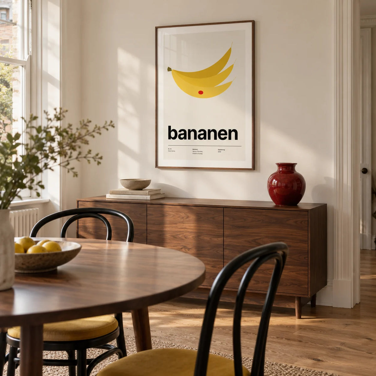 Bananas Wall Art, framed on the wall of a design-led dining room in a Victorian terrace with warm white walls and an oak floor