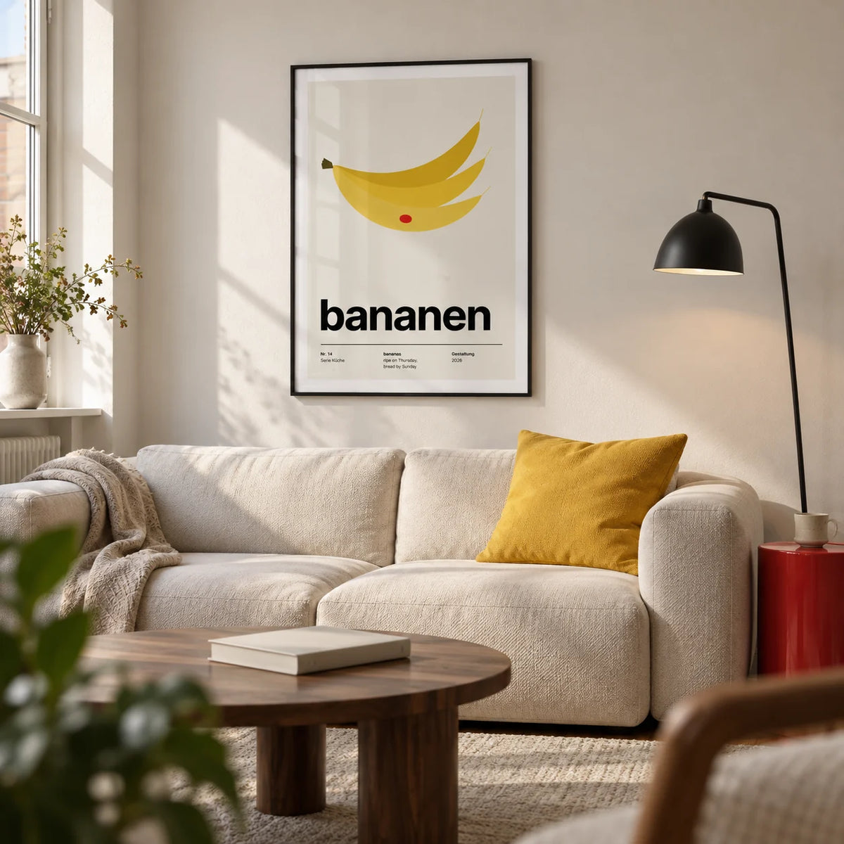 Bananas Wall Art, framed on the wall of a modern living room in a UK apartment with an off-white wall