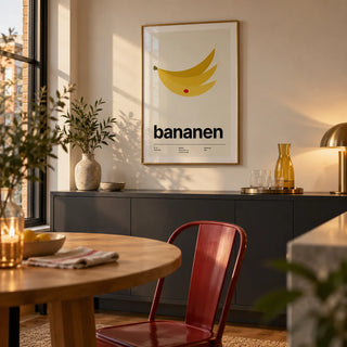 Bananas Wall Art, framed on the wall of a small open-plan dining space with a dedicated drinks corner