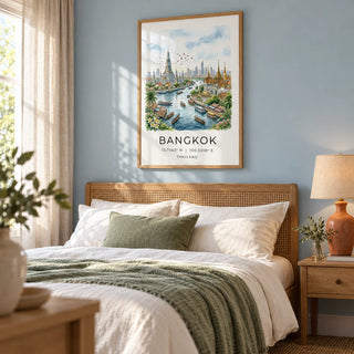 Bangkok City Art Print, framed on the wall of a calm guest bedroom in a UK home with a pale blue wall and natural linen curtains
