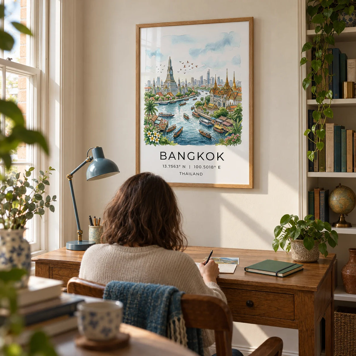 Bangkok City Art Print, framed on the wall of a quiet home study in a UK Victorian terrace with an ivory wall and a narrow built-in bookcase