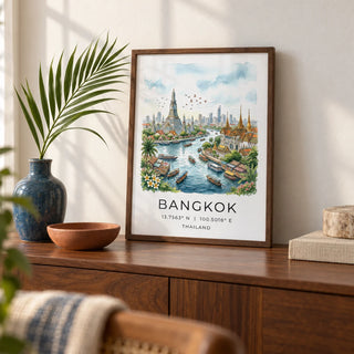 Bangkok City Art Print, a small A4 framed print leaning on a walnut sideboard in a living room