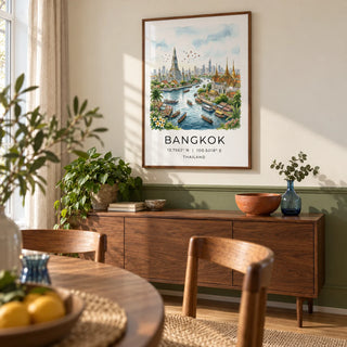 Bangkok City Art Print, framed on the wall of a warm dining room in a UK flat with a pale cream wall and an olive green painted lower wall