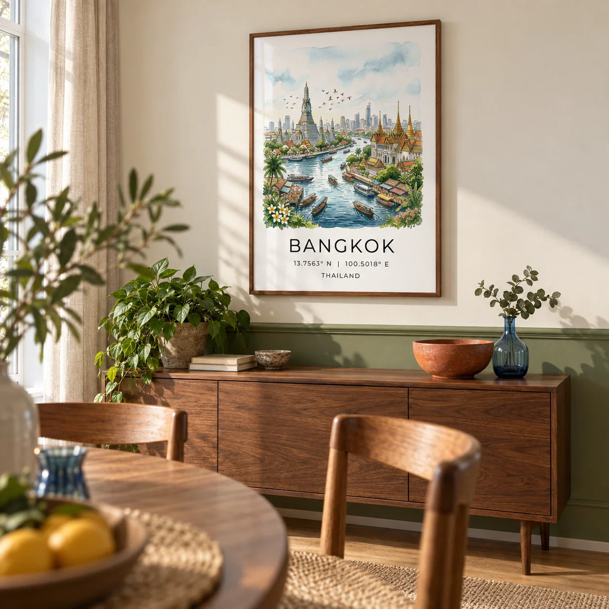 Bangkok City Art Print, framed on the wall of a warm dining room in a UK flat with a pale cream wall and an olive green painted lower wall