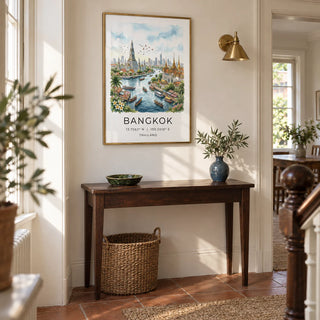 Bangkok City Art Print, framed on the wall of a welcoming hallway in a UK period maisonette with warm white walls and simple terracotta floor tiles