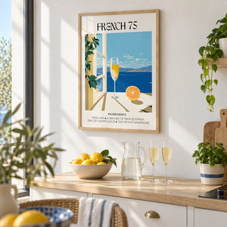 Bar Artistique, framed on the wall of a bright modern kitchen with a white wall and a pale oak worktop