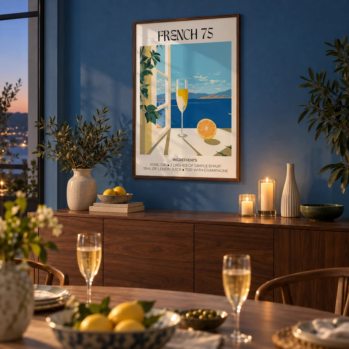 Bar Artistique, framed on the wall of a dining room in the evening with a Mediterranean blue painted wall