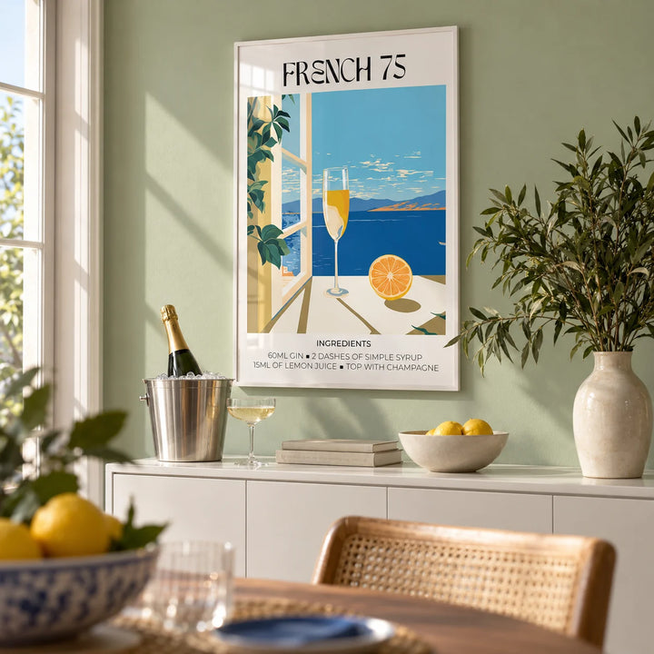 Bar Artistique, framed on the wall of a modern dining corner with a soft green wall