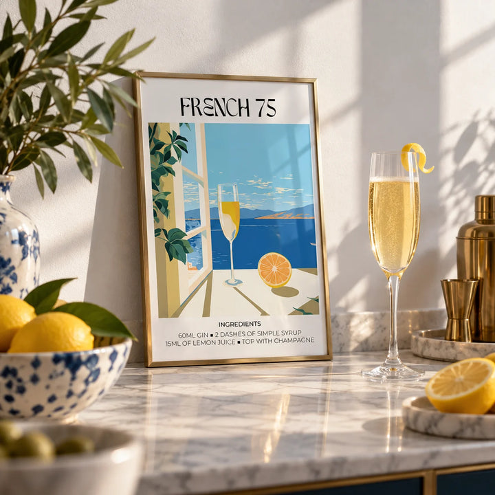 Bar Artistique, a small A4 framed print leaning on a marble-topped bar shelf in a living room