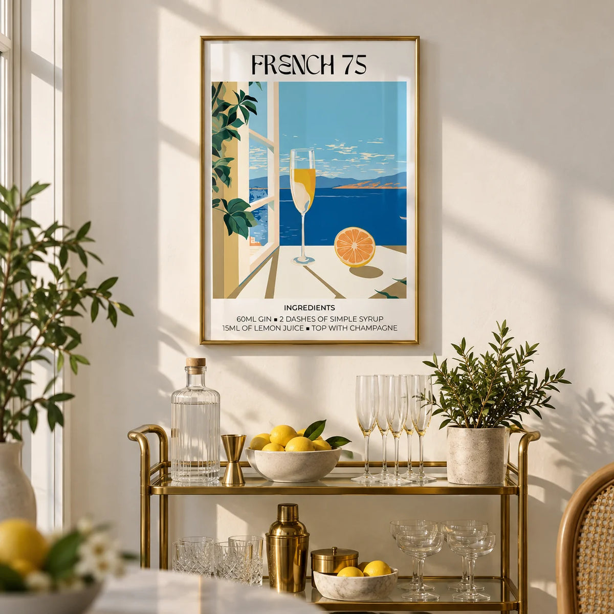 Bar Artistique, framed on the wall of a stylish home bar corner with a soft white wall in a living room