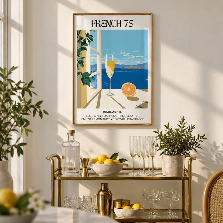 Bar Artistique, framed on the wall of a stylish home bar corner with a soft white wall in a living room