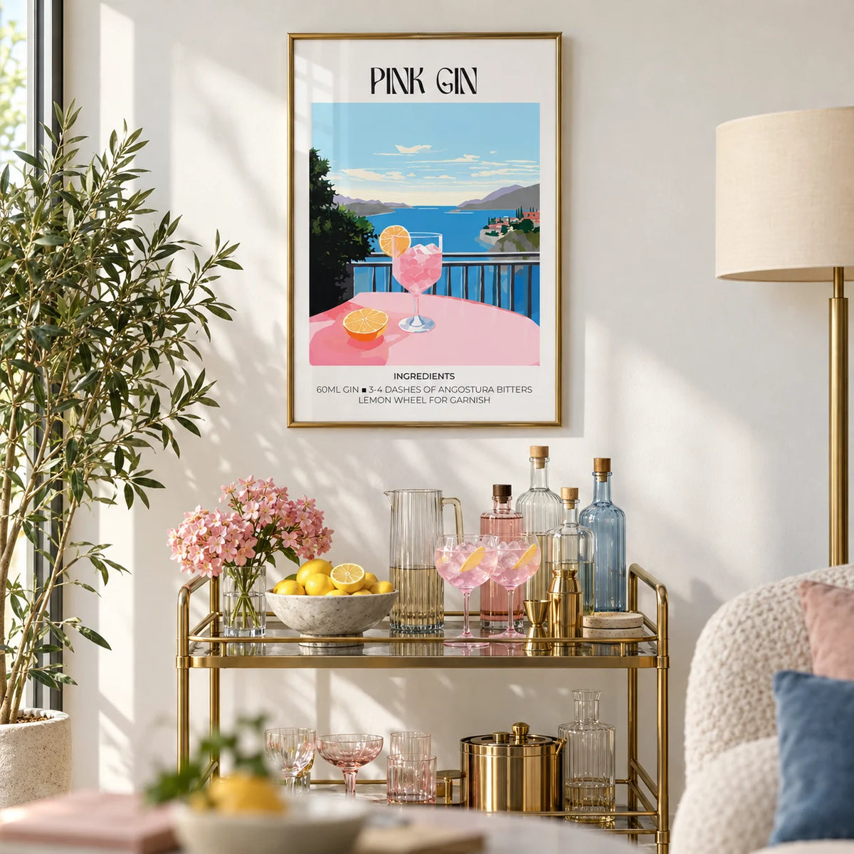 Bar Cart Art, framed on the wall of a bright living room corner with a white wall