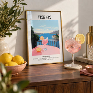 Bar Cart Art, a small A4 framed print leaning on a walnut bar shelf in a living room