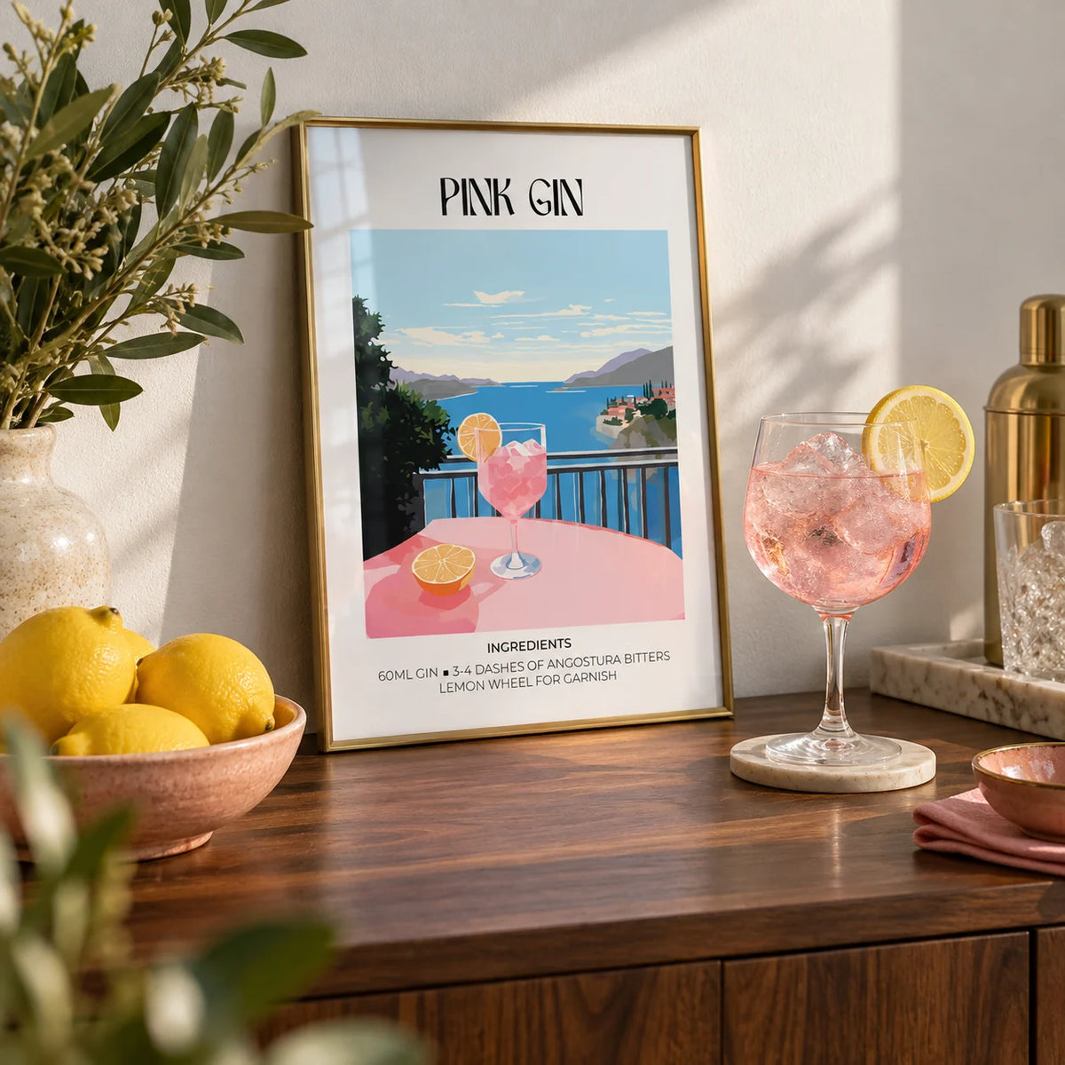 Bar Cart Art, a small A4 framed print leaning on a walnut bar shelf in a living room