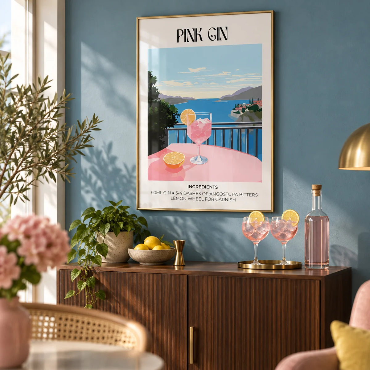 Bar Cart Art, framed on the wall of a stylish home bar corner with a sea blue painted wall in a living room