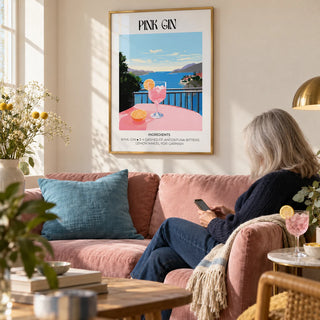 Bar Cart Art, framed on the wall of a sunny living room with a warm white wall