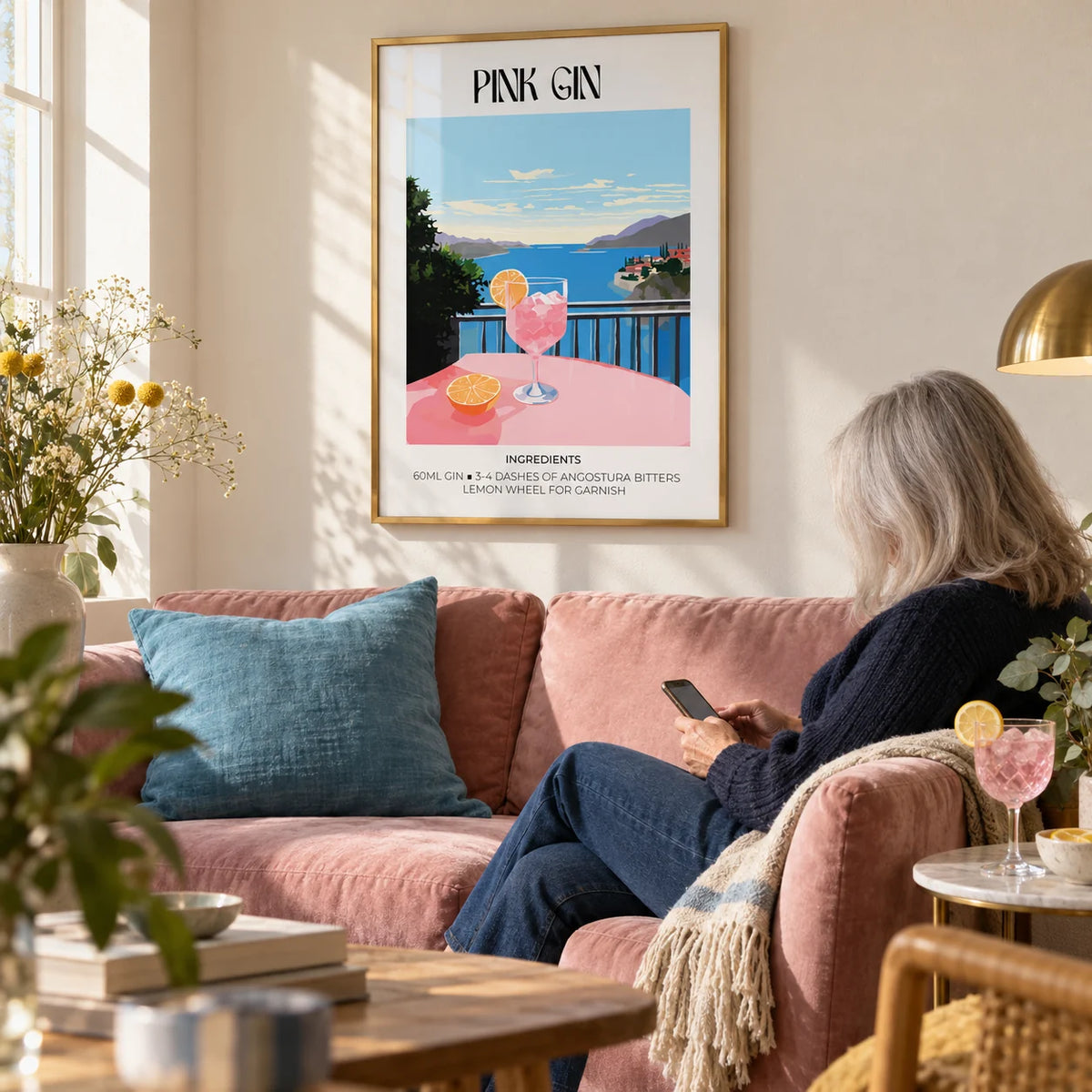 Bar Cart Art, framed on the wall of a sunny living room with a warm white wall