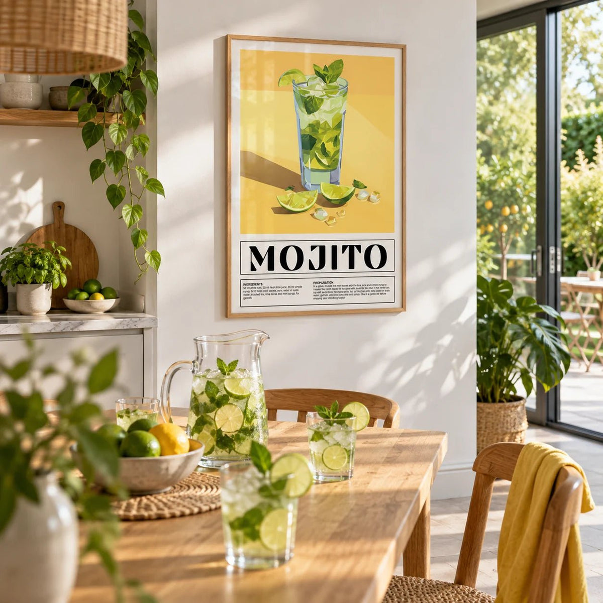 Bar Decor for Home, framed on the wall of a open kitchen-diner with glass doors to a garden