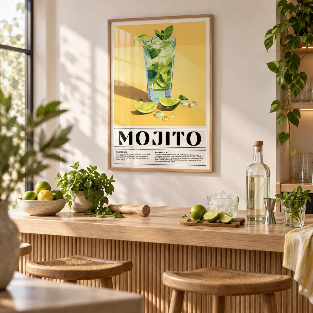 Bar Decor for Home, framed on the wall of a relaxed home bar in a kitchen