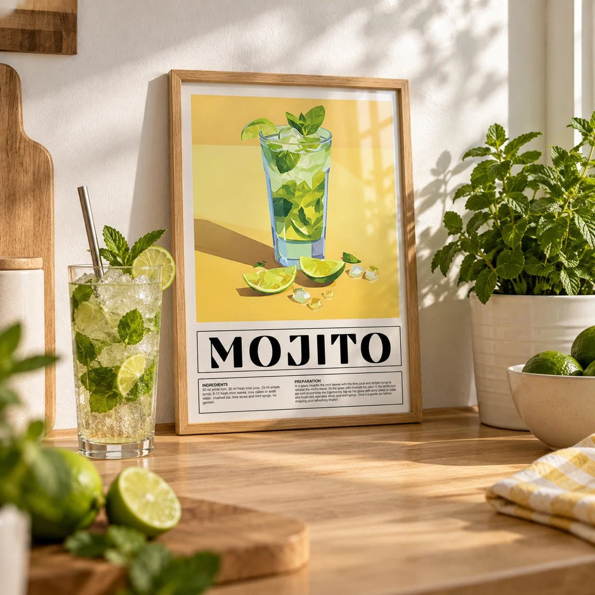 Bar Decor for Home, a small A4 framed print leaning on an oak worktop in a kitchen