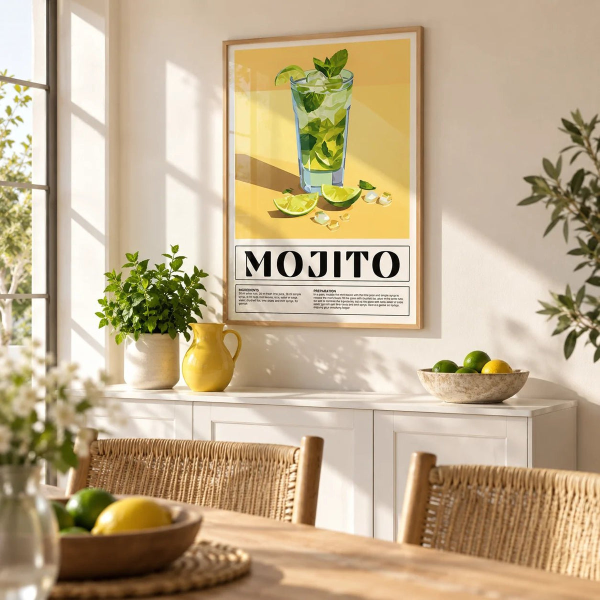 Bar Decor for Home, framed on the wall of a summery dining room