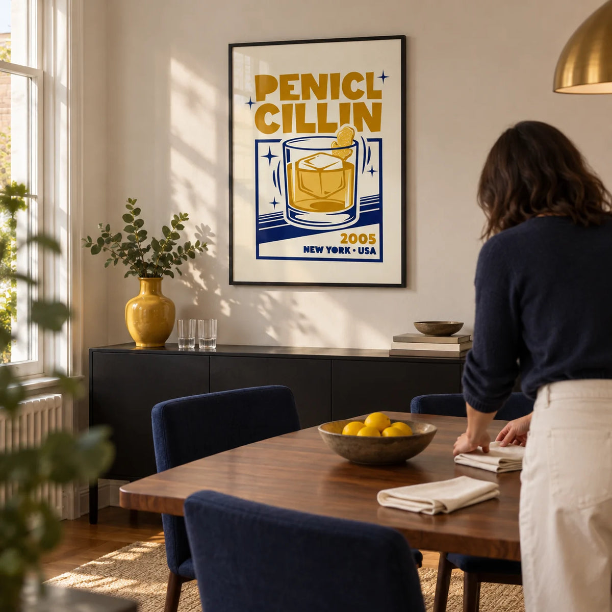 Bar Decor Wall Art, framed on the wall of a design-led dining room in a UK maisonette with an ivory wall