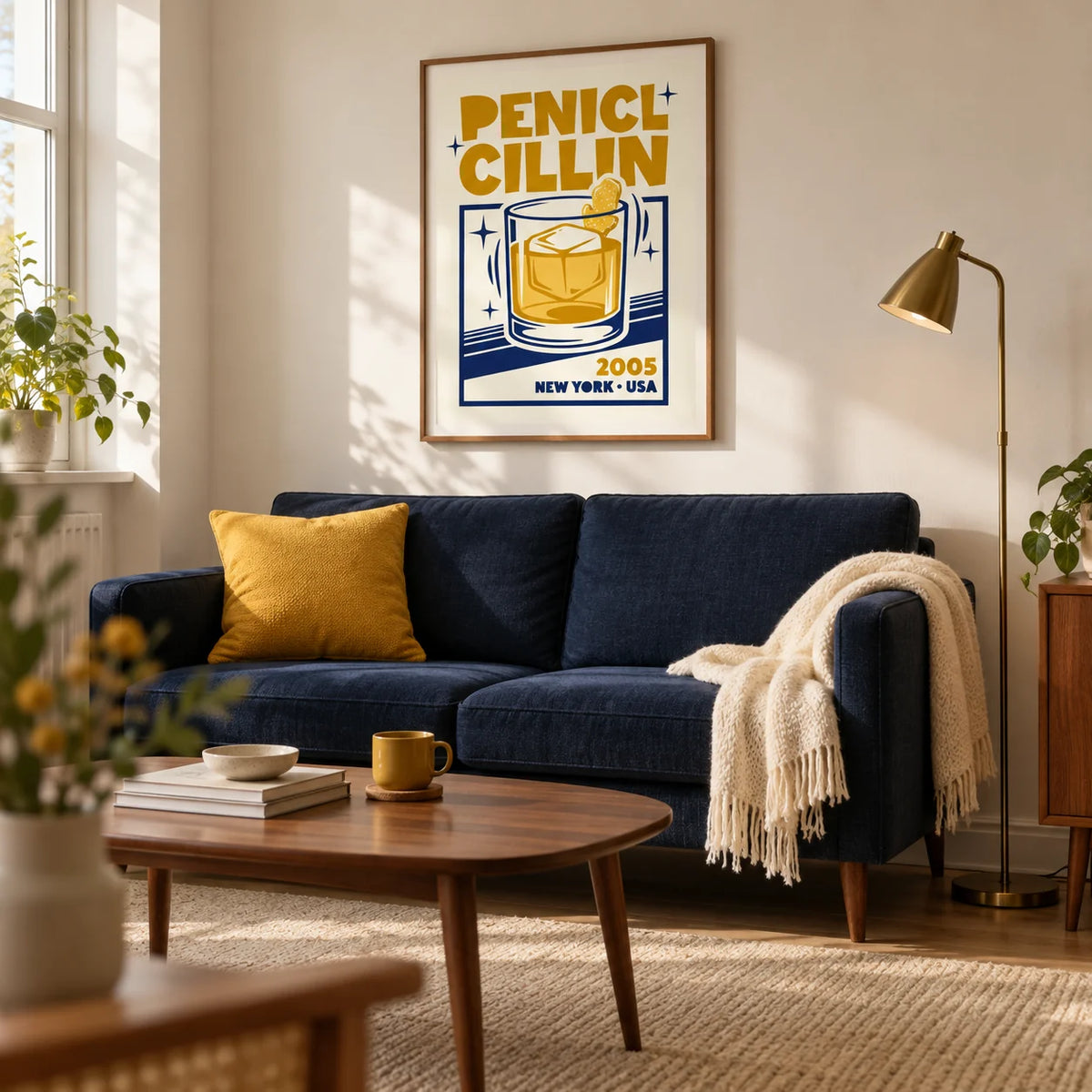 Bar Decor Wall Art, framed on the wall of a mid-century living room in a UK flat with warm white walls and a walnut coffee table