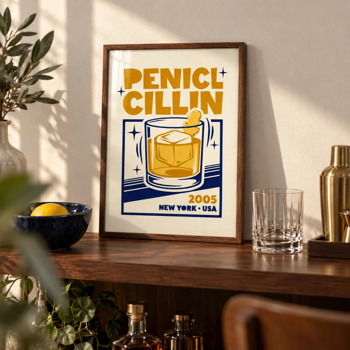 Bar Decor Wall Art, a small A4 framed print leaning on a walnut shelf in a living room