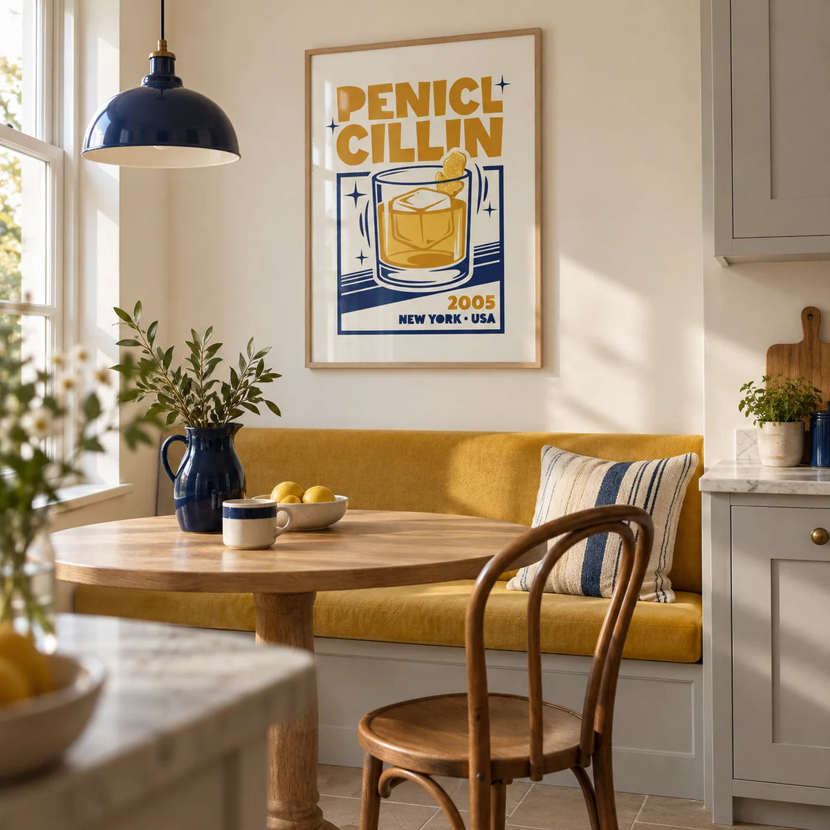 Bar Decor Wall Art, framed on the wall of a small eat-in kitchen in a renovated UK terrace with an ivory wall and a built-in breakfast nook