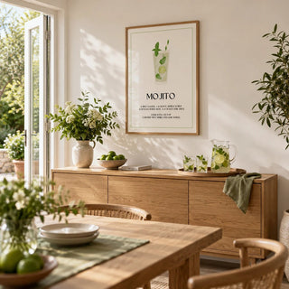 Bar Pictures for Wall, framed on the wall of a bright dining room with doors open to the garden and a white wall