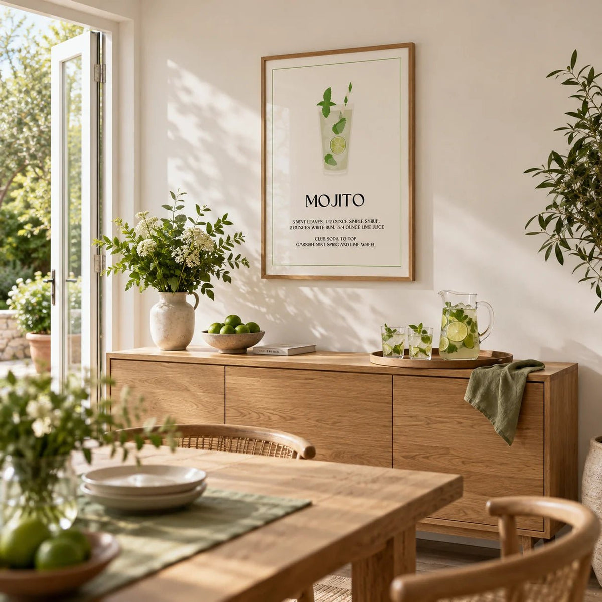 Bar Pictures for Wall, framed on the wall of a bright dining room with doors open to the garden and a white wall