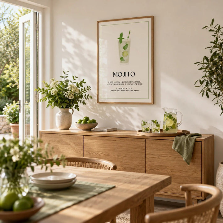 Bar Pictures for Wall, framed on the wall of a bright dining room with doors open to the garden and a white wall