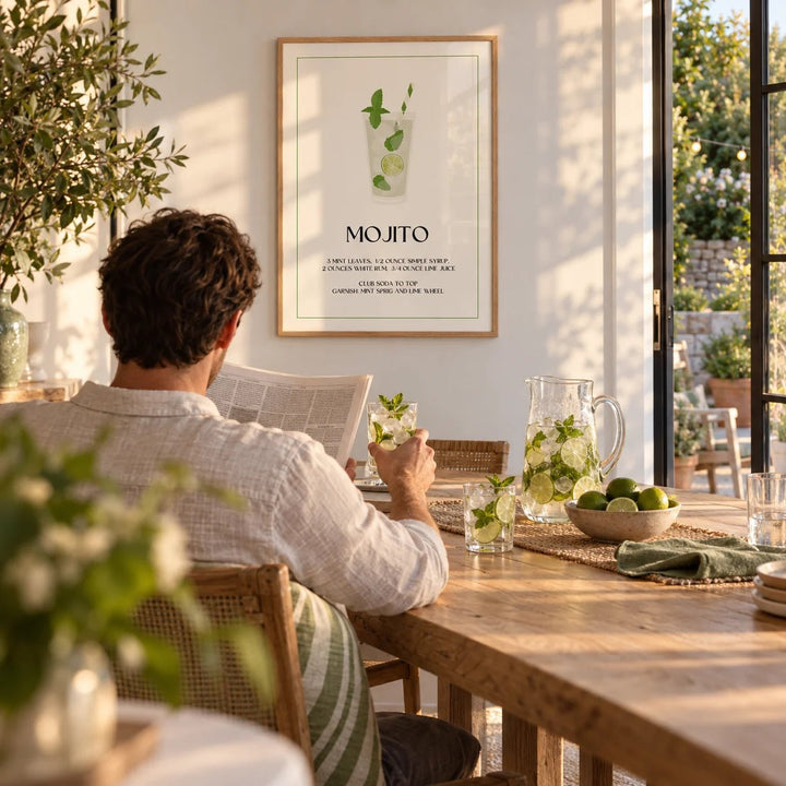 Bar Pictures for Wall, framed on the wall of a bright garden room with glass doors and a white wall in a living room