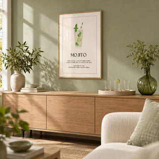 Bar Pictures for Wall, framed on the wall of a calm living room with a soft sage green wall