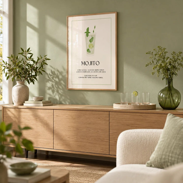 Bar Pictures for Wall, framed on the wall of a calm living room with a soft sage green wall