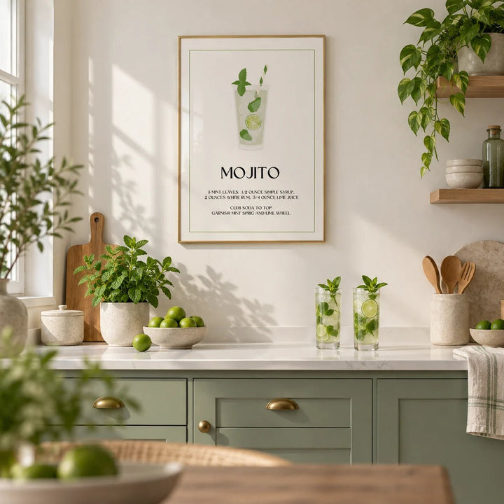 Bar Pictures for Wall, framed on the wall of a fresh kitchen with plain sage green cabinets and a white worktop