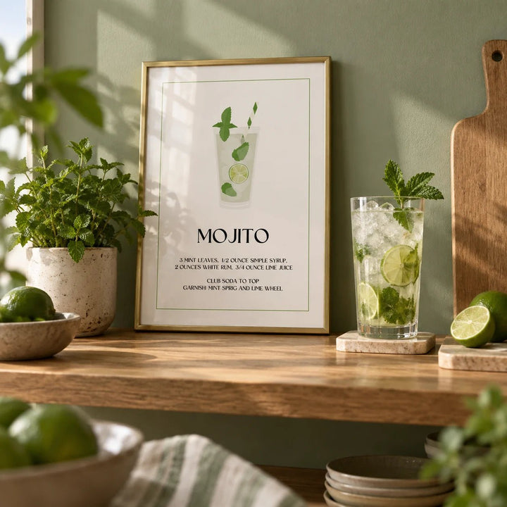 Bar Pictures for Wall, a small A4 framed print leaning on an oak kitchen shelf