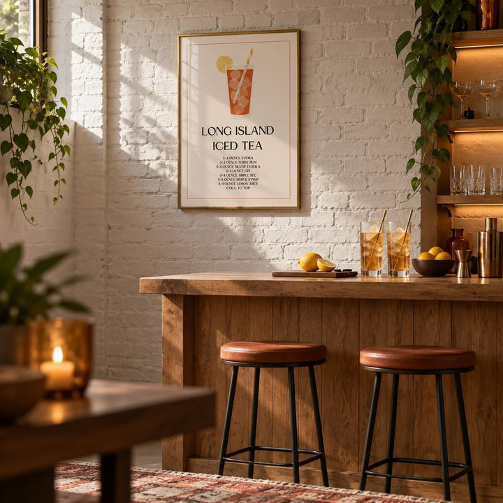 Bar Sign Decor, framed on the wall of a cosy basement bar with a painted white brick wall in a kitchen