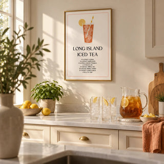 Bar Sign Decor, framed on the wall of a modern kitchen with cream cabinets and a white worktop
