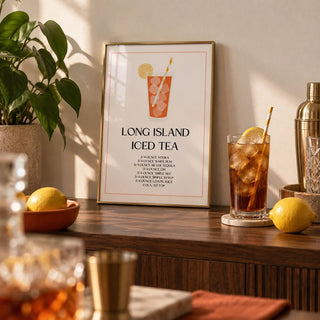 Bar Sign Decor, a small A4 framed print leaning on a walnut bar shelf in a living room
