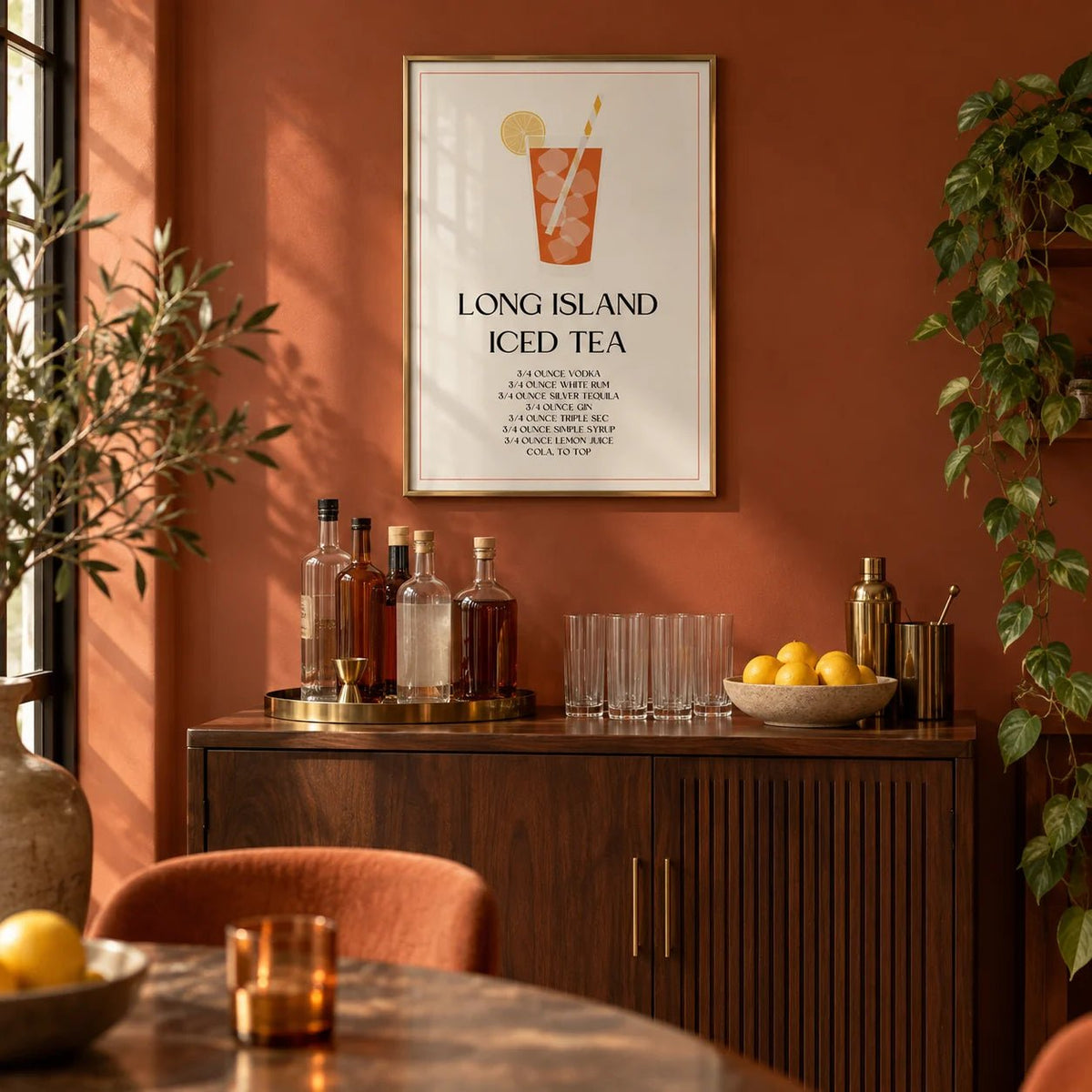 Bar Sign Decor, framed on the wall of a warm home bar with a deep terracotta wall