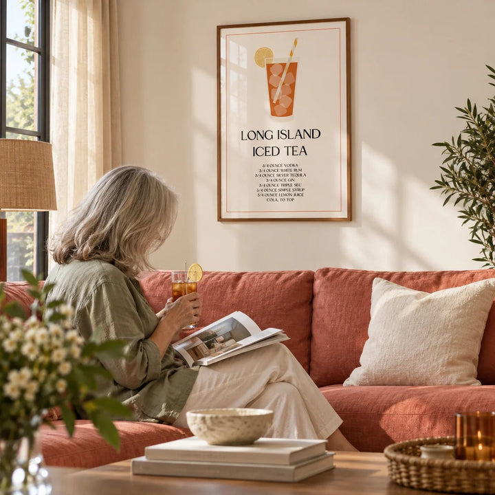 Bar Sign Decor, framed on the wall of a warm living room with a cream wall